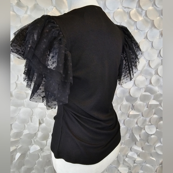 BLACK MESH RUFFLE SLEEVE KNIT TOP - Picture 4 of 4